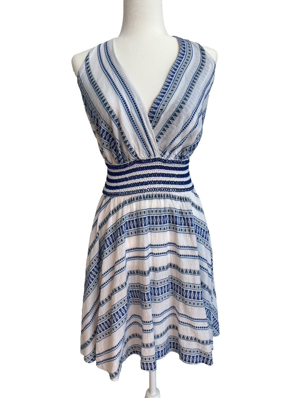 Beautiful Grecian Geometric Dress Smocked Waist Halter V- Neck Summer Midi